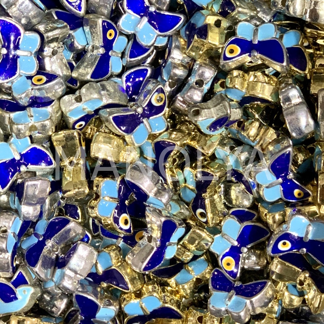 1,2cm. KELEBEK FORMLU MİNELİ NAZAR BONCUĞU GÜMÜŞ KAPLAMA